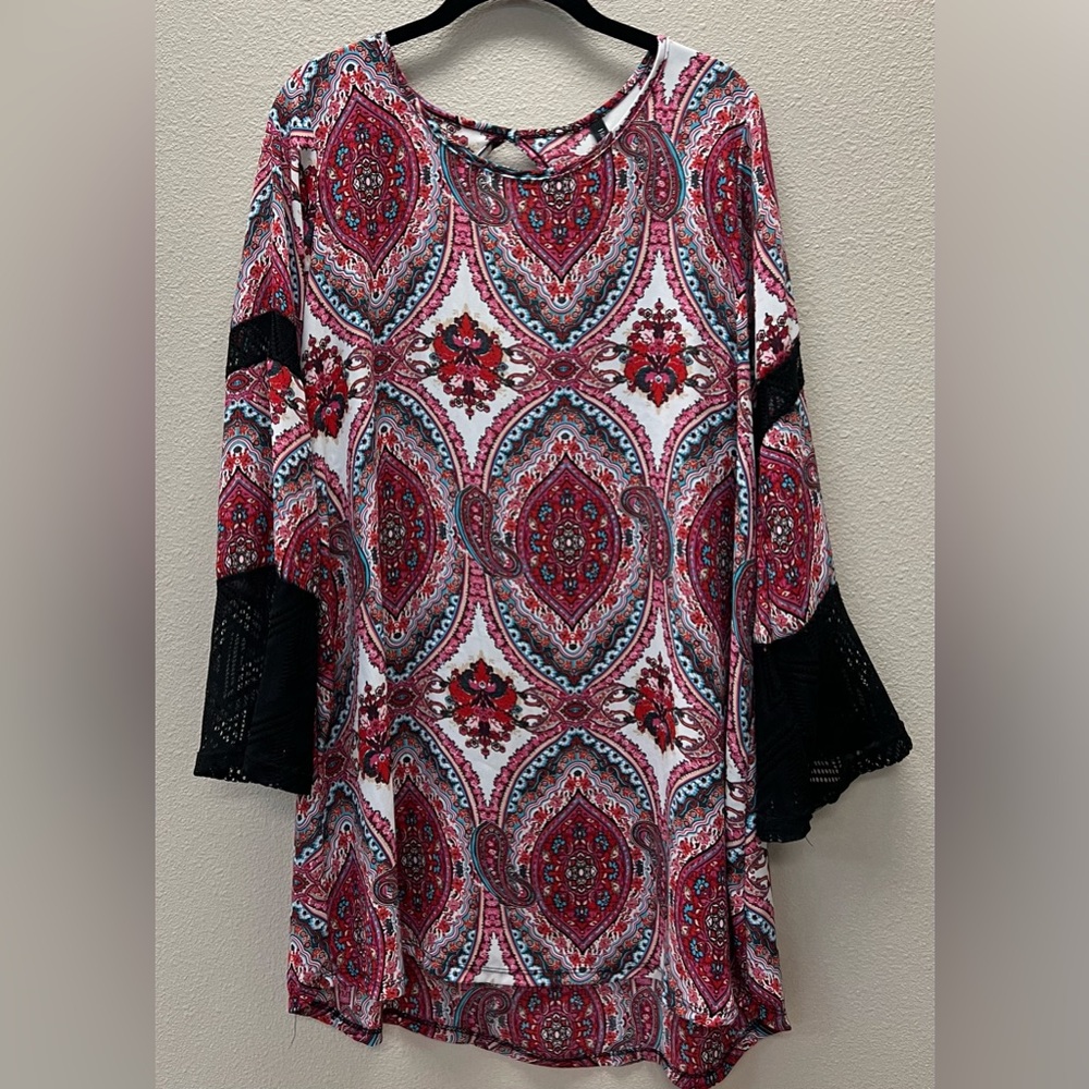 Haute Apparel - 1XL - Paisley Print Women's Dress with Lace Sleeves